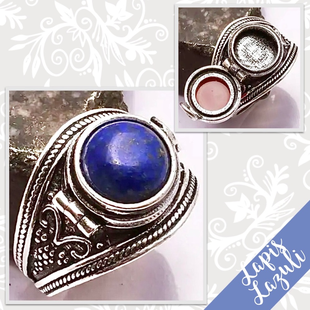 Lapis Lazuli Eclectic Silver Poison Ring, Size 8.5 (Royal Blue)